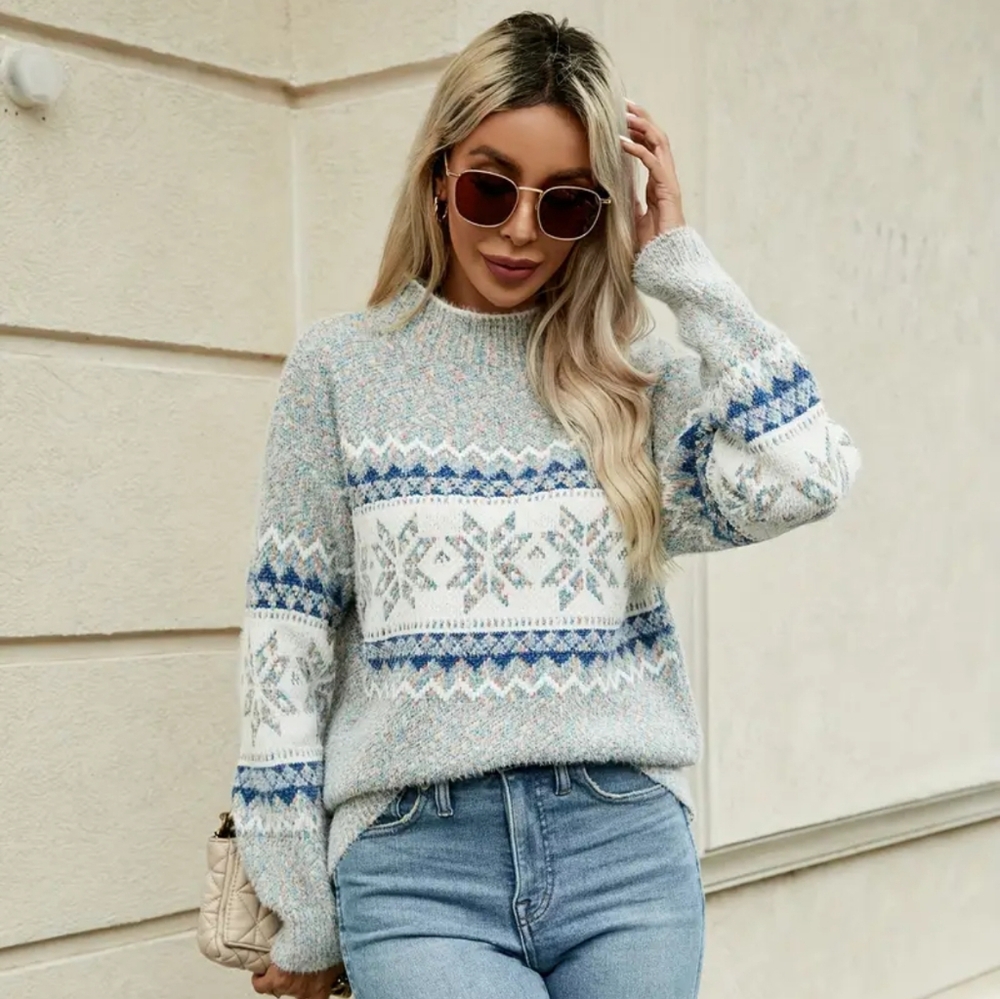 Casual Snowflake Geometric Pattern Long Sleeved Pullover Sweater Sz 20